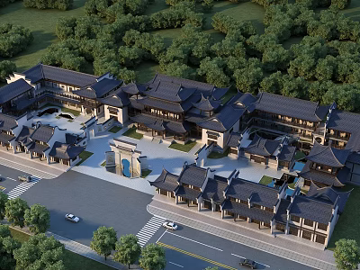 Birds Eye View Planning of Traditional Architecture Complex With Courtyard Greenery and Road Access 3d model
