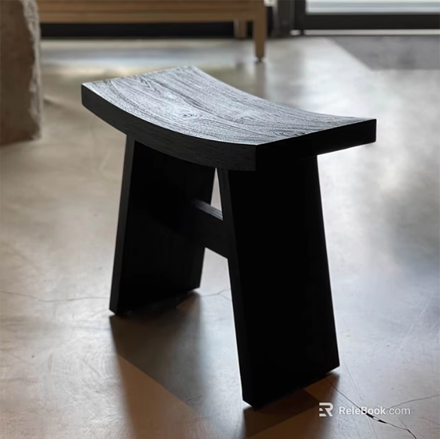 Modern Black Wooden Stool With Curved Seat And Geometric Legs Design 3d model 