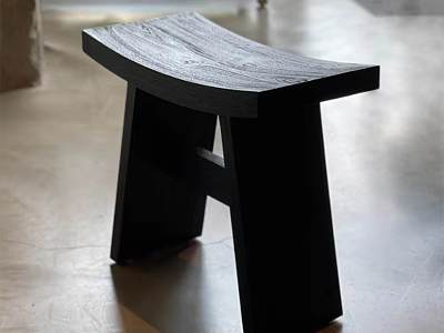 Modern Black Wooden Stool With Curved Seat And Geometric Legs Design 3d model