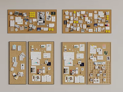 Multiple Cork Boards With Papers Photos And Notes For Home Office Wall Decor 3d model