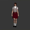 Woman Standing in Pink Vest White Shirt Red Skirt White Socks and Black Shoes