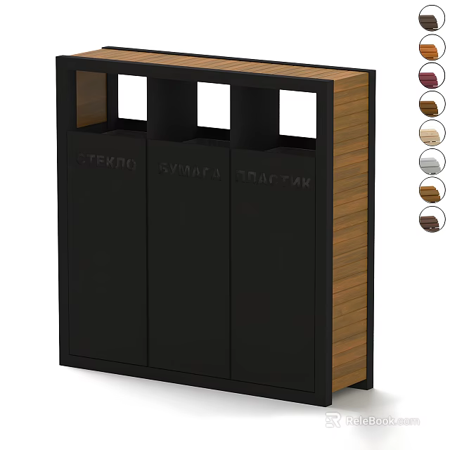 Modern Three Compartment Sorting Trash Bin With Black Body And Wooden Panel 3d model 