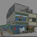 Two Story Commercial Building Exterior With Green Wall Tiles Blue Roller Shutters And Shop Facade