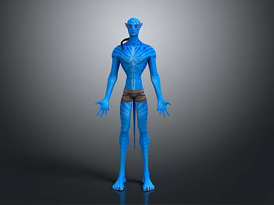 Blue Humanoid Creature Character With Slender Limbs Striped Patterns Brown Loincloth And Tail 3d model