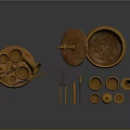 Golden Traditional Household Items Including Lidded Container Small Bowls Tools and Various Shapes
