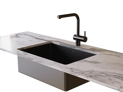 Modern Single Bowl Kitchen Sink with Black Faucet on Sleek Marble Countertop 3d model