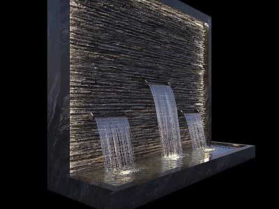 Outdoor Garden Water Feature with Stone Wall Design Cascading Waterfalls and Soft Lighting 3d model