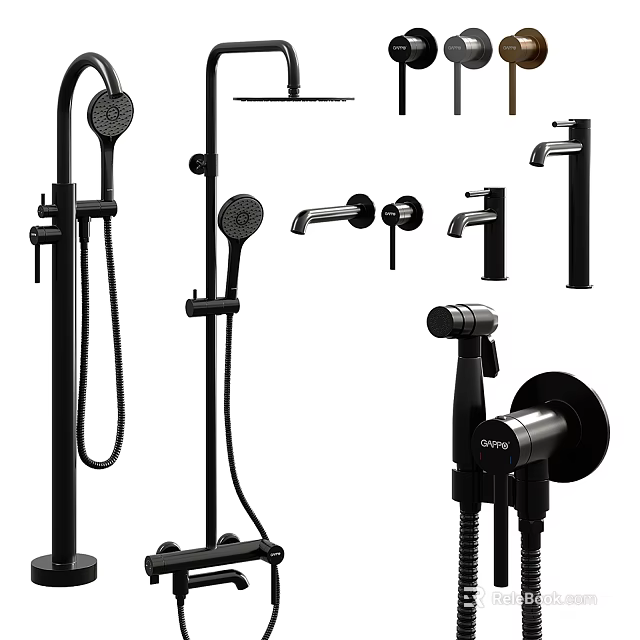 Black Modern Shower System With Handheld Overhead Shower Faucet And Control Components 3d model 