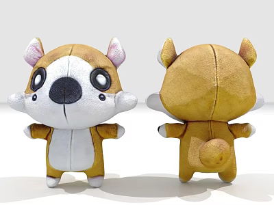 Cartoon Style Plush Doll Front Back View Brown White Color Big Eyes Tail 3d model