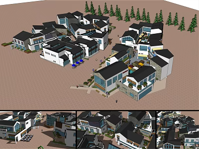 Modern Commercial Street Featuring Multiple Buildings Pine Trees And Courtyards 3d model