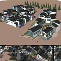 Modern Commercial Street Featuring Multiple Buildings Pine Trees And Courtyards 3d model