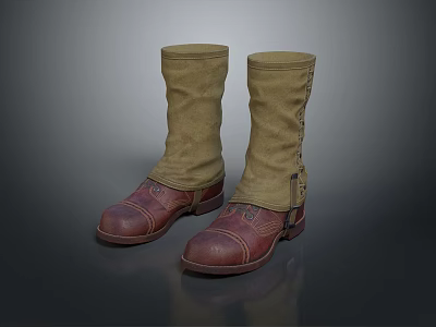 Brown Leather Boots With Beige Tall Fabric Shaft And Classic Vintage Design 3d model