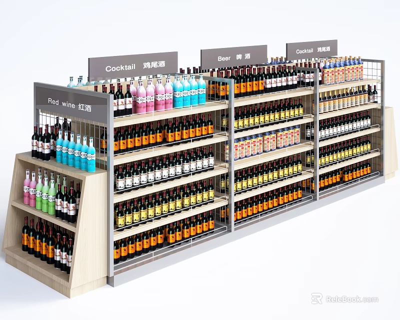 Retail Display Shelves With Multi Tiered Racks Filled With Various Bottled Products 3d model 