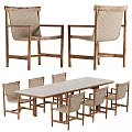 Dining Table Set with Six Wooden Frame Chairs Woven Seats Rectangular Light Surface 3d model