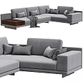 Modern Grey Sectional Sofa With Soft Pillows Throw Blanket And Wooden Armrest 3d model