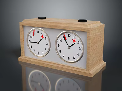 Wooden Double Clock With Round White Dial Red Hands And Black Top Knobs 3d model