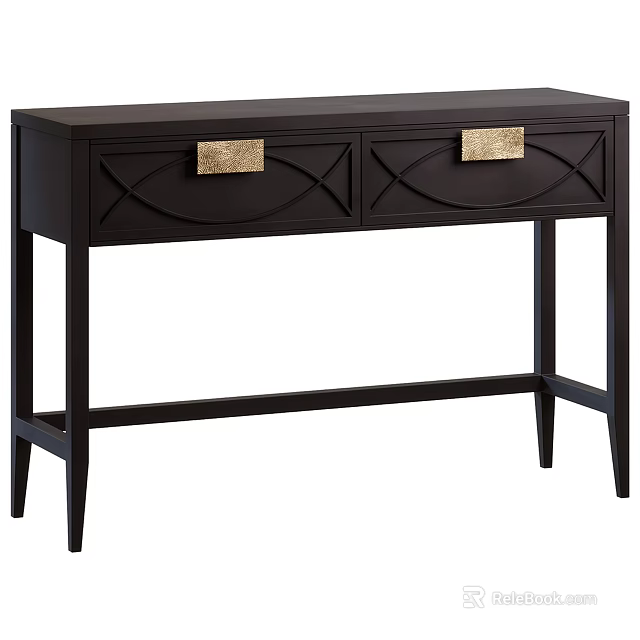 Modern Dark Brown Console Table With Gold Metal Handles And Cross Pattern Drawer Design 3d model 