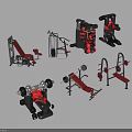 Various Red And Black Fitness Equipment Including Weight Benches Barbells And Machines