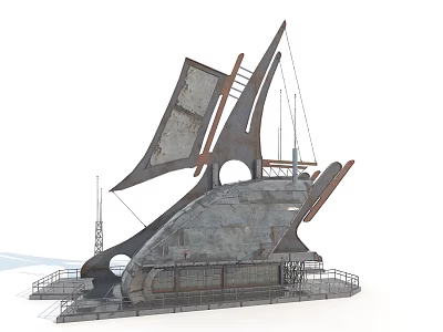 Cartoon Scene Building With Sail Like Structures Metallic Texture Platform And Railings 3d model