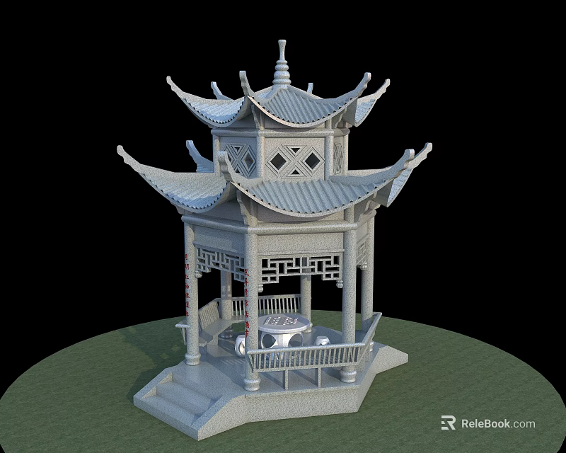 Traditional Chinese Stone Pavilion With Multi Tiered Curved Eaves Carved Details And Hexagonal Base 3d model 