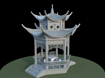 Traditional Chinese Stone Pavilion With Multi Tiered Curved Eaves Carved Details And Hexagonal Base 3d model