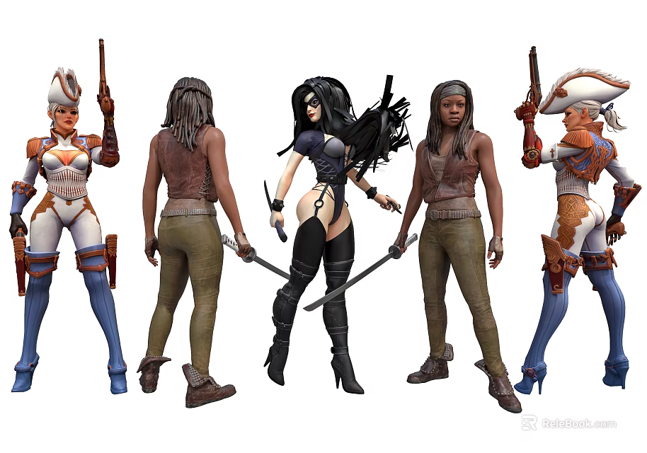 Game and Movie Female Characters With Various Outfits Holding Weapons In Standing Pose 3d model 