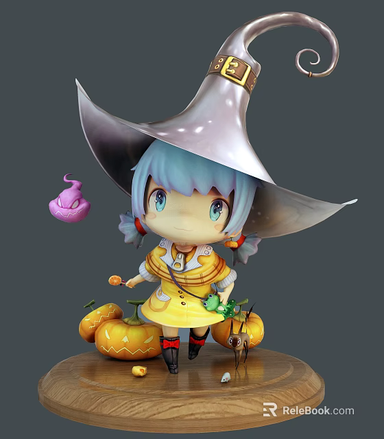 Game Character With Blue Hair Large Hat Yellow Dress And Pumpkins Purple Ghost Green Creature 3d model 