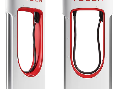 Modern Electric Vehicle Charging Stations With Silver Body And Red Cables 3d model
