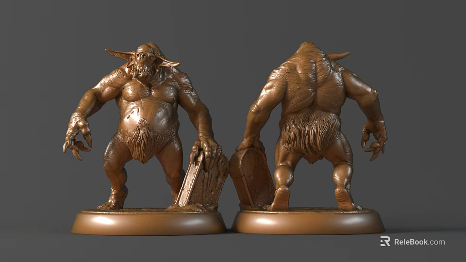 Detailed Fantasy Sculpture Carving with Horned Muscular Figure Front and Back View on Bronze Base 3d model 