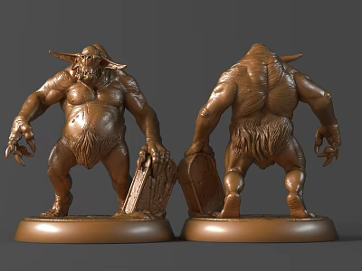 Detailed Fantasy Sculpture Carving with Horned Muscular Figure Front and Back View on Bronze Base 3d model
