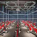 Modern Yoga Fitness Studio With Pink Blue Exercise Balls Wooden Floor And Geometric Lighting