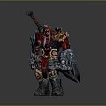 Detailed Fantasy Game Warrior Character in Heavy Armor with Red Cape Holding Axe and Hammer