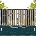 Modern Feature Wall Design With Circular Metal Elements Water Feature Yellow Trees And Blue Accents