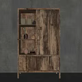 Rustic Distressed Wooden Display Cabinet With Open Shelves And Decorative Items