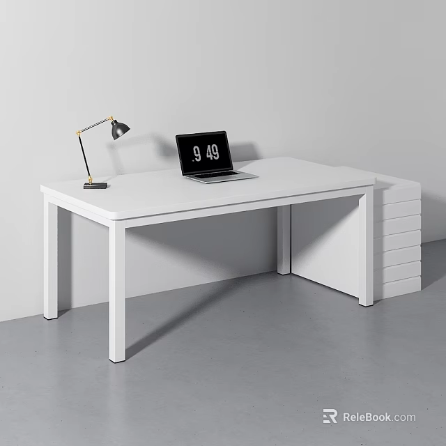 White Office Desk With Laptop Desk Lamp And Drawer Cabinet 3d model 