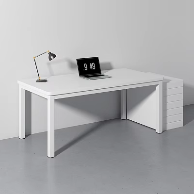 White Office Desk With Laptop Desk Lamp And Drawer Cabinet 3d model
