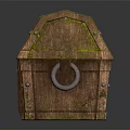 Vintage Wooden Chest With Moss Covered Surface And Metal Ring Handle