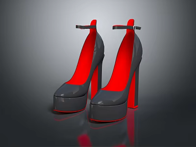 Gray High Heel Platform Shoes With Red Insole Red Heel And Ankle Strap Design 3d model