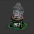 Stone Fire Pit With Burning Firewood Smoke Decorative Branches And Green Grass