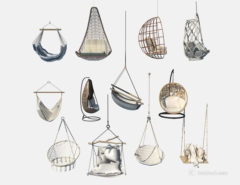 Modern Hanging Chairs With Diverse Designs Woven Structures And Plush Cushions For Living Spaces 3d model 