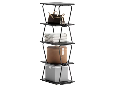 Four Tier Black Metal Shelving Unit With Handbag Folded Towels And Storage Boxes 3d model