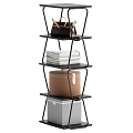 Four Tier Black Metal Shelving Unit With Handbag Folded Towels And Storage Boxes