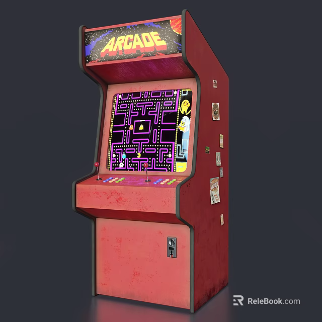 Red Arcade Game Machine With Maze Game Screen Control Panel And Top ARCADE Sign 3d model
