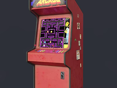 Red Arcade Game Machine With Maze Game Screen Control Panel And Top ARCADE Sign 3d model