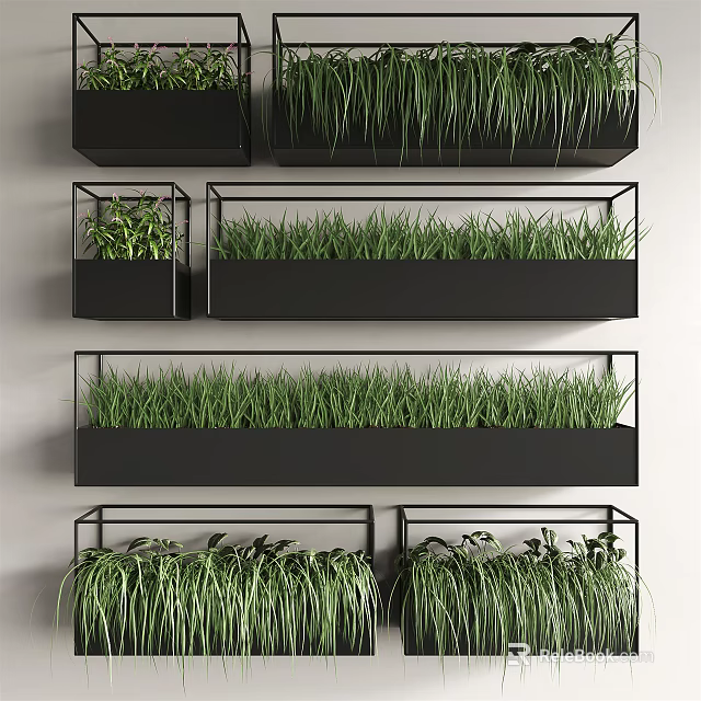 Wall Mounted Potted Plants With Black Metal Containers And Green Grass Arrangement 3d model 