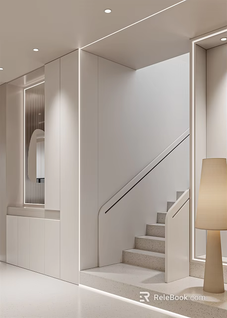 Modern Minimalist Interior Staircase With Metal Handrail And Floor Lamp 3d model 