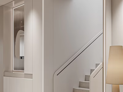 Modern Minimalist Interior Staircase With Metal Handrail And Floor Lamp 3d model