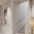 Modern Minimalist Interior Staircase With Metal Handrail And Floor Lamp