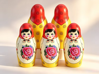 Colorful Matryoshka Dolls with Red Headscarves Yellow Bodies and Pink Roses 3d model