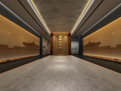 Spacious Exhibition Corridor With Decorative Walls And Forbidden City Themed Screen 3d model